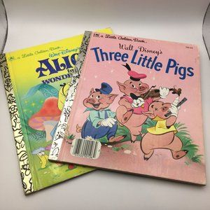 Vintage Little Golden Book Lot 2 Disney Three Little Pigs Alice In Wonderland